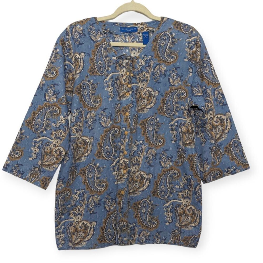 Karen Scott Sport Paisley Print Eyelet Fabric V-Neck Keyhole Women's Size XL